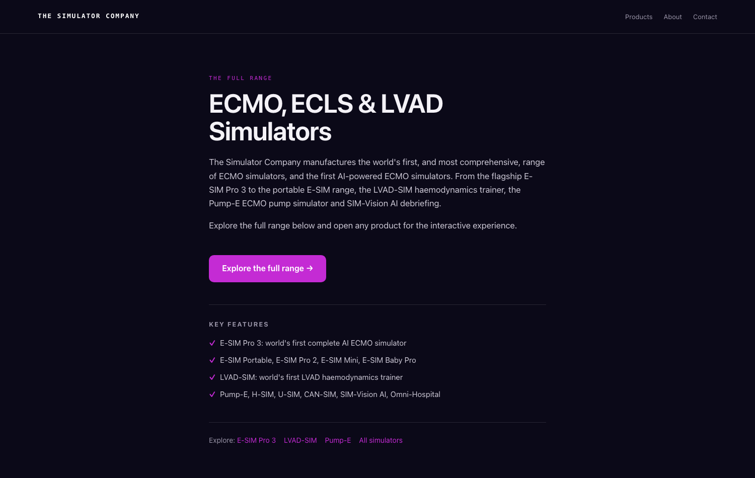 The full range in one place — from the flagship E-SIM Pro 3 to the portable models, LVAD-SIM, Pump-E and SIM-Vision AI.